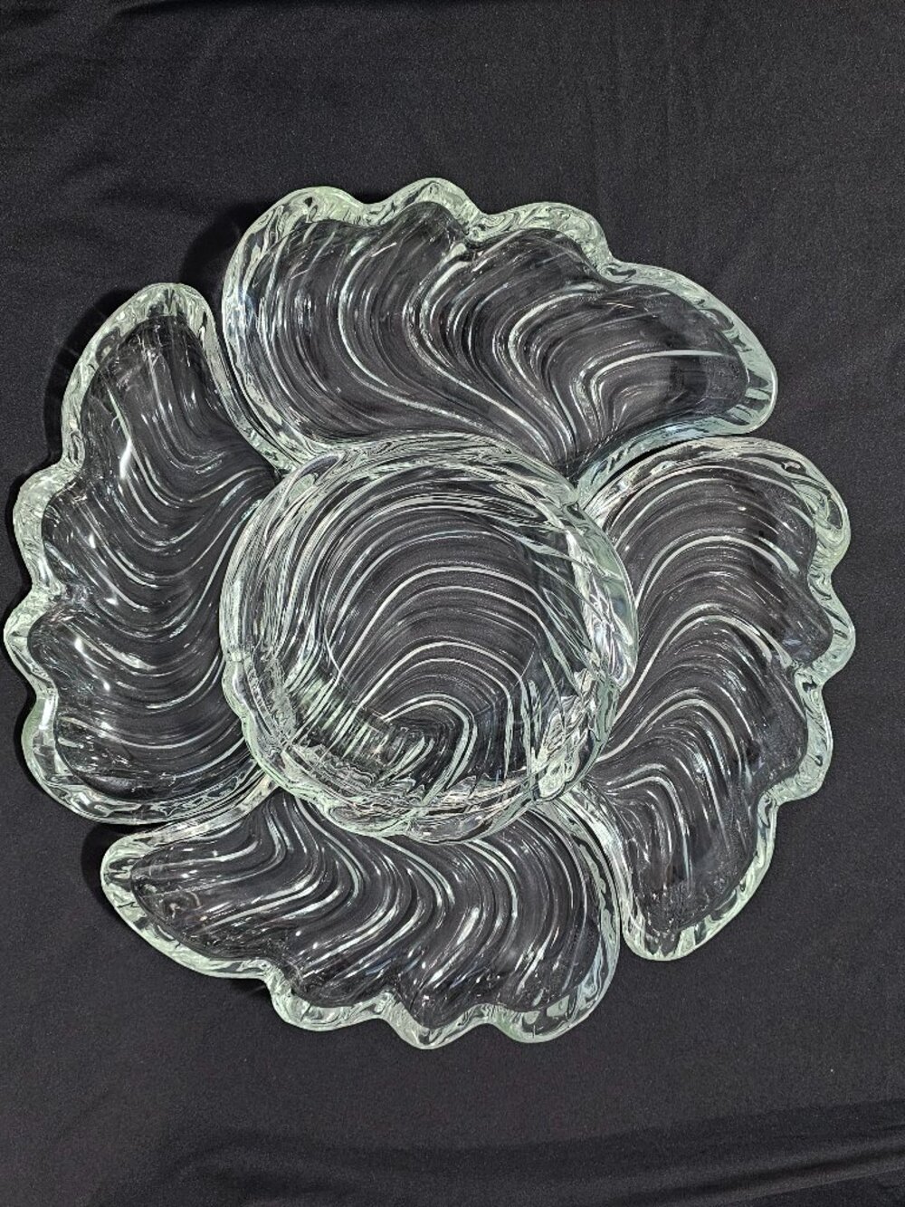 1950s Kromex Lady Susan / sculpted wave 5pc Clear Glass Serving Platter Set MCM